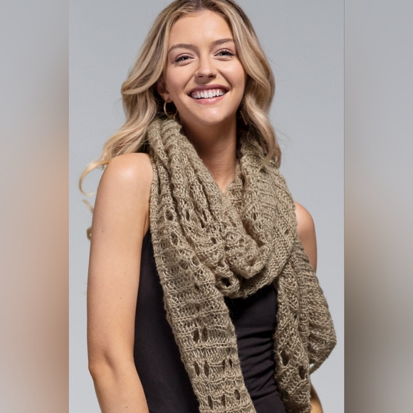 Taupe Soft Comfy Open Knit Scarf w/ Eyelet Accent & Moderate Stretch - Picture 1 of 5